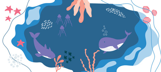 Beautiful sea underwater background. Marine sea bottom with underwater plants, shark, whale, shell, corals and fishs. Panoramic seascape. Vector illustration.