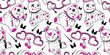 Emo wallpaper with crue teddy bears, ragged, wired spoiled rabbits.Creepy black, pink light background.Funky glamour backdrop.Glam heart shaped handcrafts.Cool 00s, 90s concept of lovesick teen girl
