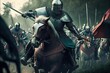 Medieval Armored Knights Battle over their horses, fighting with honor, and for the king, and for god, with brave attitude and courage