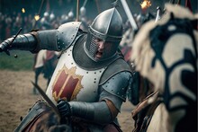 Medieval Armored Knights Battle Over Their Horses, Fighting With Honor, And For The King, And For God, With Brave Attitude And Courage