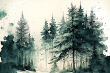 Watercolor Landscape. Coniferous Forest And Morning Fog. Created With Generative AI Technology.