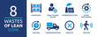 8 Wastes of Lean icon set. Containing non-utilize talent, waiting, transportation, inventory, motion, overproduction, defects and extra processing symbol. Solid icon collection.