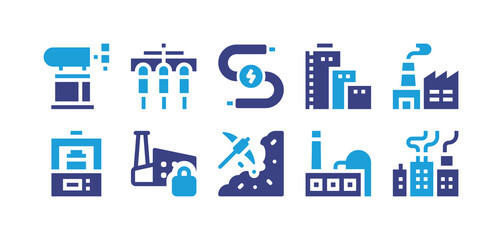 Industry icon set. Duotone color. Vector illustration. Containing industrial robot, wire, factory, press machine, lock, minerals, air pollution.