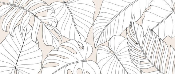 Hand drawn line art leaf branch background vector. Tropical monstera and palm leaves black white drawing contour simple style background. Design illustration for prints, wallpaper, poster, card.