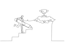 Drawing Of Businessman Use Pencil To Create His Own Stair To Success Metaphor Of Way To Success. Single Continuous Line Art