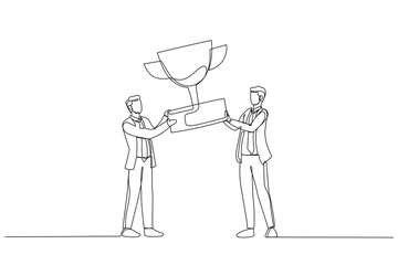 Cartoon of businessman holding prize winner cup and celebrating achievement. One line style art