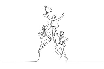 Wall Mural - Illustration of businessman jumping holding trophy get reward and celebrate. Single continuous line art