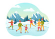Men, Women and Kids Skating on Ice Rink Wearing Winter Clothes for Outdoor Activity in Flat Cartoon Hand Drawn Templates Illustration