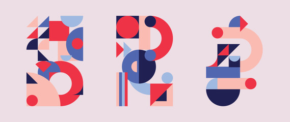 Set of geometric pattern element in mid-century style. Retro abstract collection of colorful circle, curve, square and triangle shapes. Modern trendy design for cover, business card, poster, wall art.
