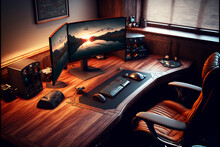 Corner Office Desk Setup With A Long Wooden Desk And Leather Accents, Keyboard, Mouse And Monitor, Hard Wood Floor, Gaming Chair. Generative AI