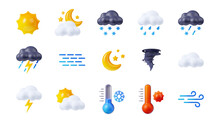 3D Weather Forecast Icons Set On White Background. Illustration Of Sun, Moon, Black White Clouds With Rain, Snow, Lightning, Fog, Wind, Tornado Symbols, Thermometers Showing Cold, Hot Air Temperature