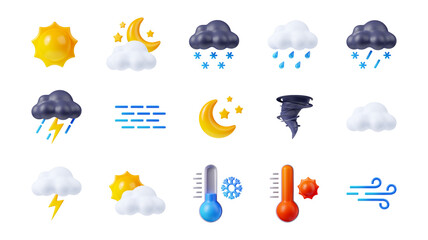 3d weather forecast icons set on white background. illustration of sun, moon, black white clouds wit