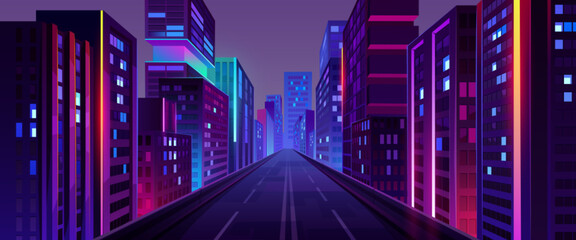 Wall Mural - City street with houses and buildings with glowing windows at night. Cityscape with empty road, houses and skyscrapers with neon color ligth, isolated skyline on background vector cartoon illustration