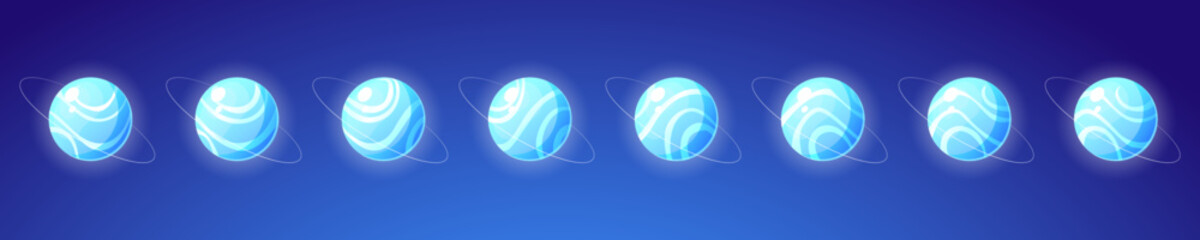 Set of planet rotation isolated on background. Cartoon illustration of neon blue space object with abstract ornament encircled by ring. View from different sides in motion. Fantasy vector design