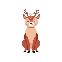 Wall Mural - comic deer sitting vector illustration. reindeer or fawn cartoon character, wild animal with antlers