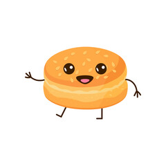 Wall Mural - Cute burger bun cartoon character vector illustration. Clipart of bread, funny comic bun isolated on white background. Food, bakery, breakfast concept