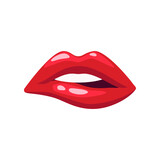 Fototapeta Zwierzęta - Female teeth biting lips with red lipstick isolated on white background. Sexy lips of woman or girl flat vector illustration. Expressions, emotions, beauty concept