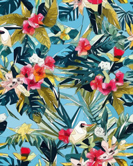 Wall Mural - Birds, jungle and floral illustration with outlines. Pattern for wallpapers, fabrics, wrappers, postcards, greeting cards, wedding invitations, banners.