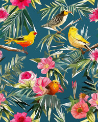 Wall Mural - Birds, jungle and floral illustration with outlines. Pattern for wallpapers, fabrics, wrappers, postcards, greeting cards, wedding invitations, banners.