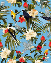 Birds, Jungle And Floral Illustration With Outlines. Pattern For Wallpapers, Fabrics, Wrappers, Postcards, Greeting Cards, Wedding Invitations, Banners.