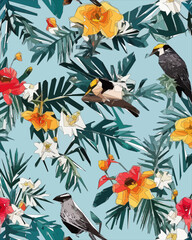 Wall Mural - Birds, jungle and floral illustration with outlines. Pattern for wallpapers, fabrics, wrappers, postcards, greeting cards, wedding invitations, banners.