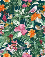 Birds, Jungle And Floral Illustration With Outlines. Pattern For Wallpapers, Fabrics, Wrappers, Postcards, Greeting Cards, Wedding Invitations, Banners.
