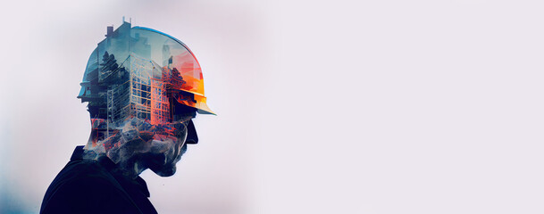 Banner of building construction engineering project devotion with double exposure design in head. Industrial and architecture. Neural network generated art. Not based on any actual scene or pattern.