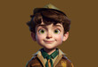 portrait of  confident handsome boy in scout uniform with different badges and backpack