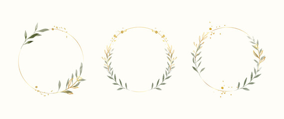 Fototapete - Set of luxury wedding frame element vector illustration. Watercolor and golden leaf branch with circle frame and brush stroke texture. Design suitable for frame, invitation card, poster, banner.
