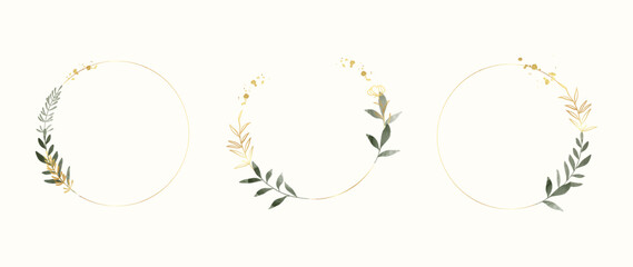 Aufkleber - Set of luxury wedding frame element vector illustration. Watercolor and golden leaf branch with circle frame and brush stroke texture. Design suitable for frame, invitation card, poster, banner.