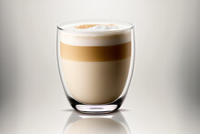 Beautifully crafted latte macchiato in a cup on a blank white backdrop with a little shadow. frothy coffee and milk beverage known as a cappuccino served in clear glass. Pouring a shot of chai latte