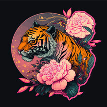 Tiger With Peonies. Image For T-shirts, Hoodies, Posters, Covers, Tattoos.