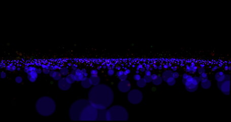 Wall Mural - Flying luminous particles of different sizes on a black background. Particles from bokeh. Surface of blue particles. 3D render.