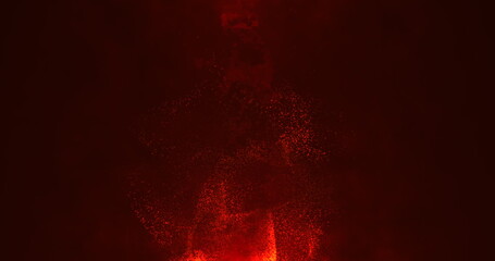 A vortex of red particles rising up on a dark red background. Bokeh particles. Sparks from the fire in the light of the flames. 3D render.