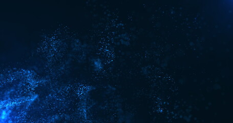 A vortex of blue particles slowly unfolding against a dark blue background. Bokeh particles. Water vapor in blue light. 3D render.