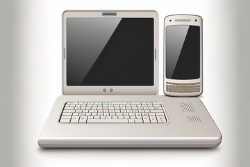 Mobile phone and clay laptop computer isolated on white background. a based image. Generative AI