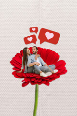 Canvas Print - Creative photo 3d collage artwork poster postcard of happy family sit gerbera enjoy romance cuddle embrace isolated on painting background