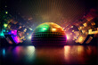 retro colorful disco background with mirror ball  and spotlights on the dancefloor