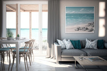 Dining And Living Room With A Sea View In A Luxurious Summer Beach Home With A Pool Next To A Wooden Patio. Large Gray Couch At A Holiday House Or Villa. Hotel Room Decor. Generative AI