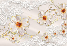 Orange Flowers And White Fabric Background 3d