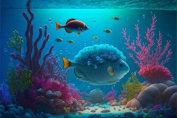Fototapete - Colorful multicolored underwater landscape with coral fish and stones on the sandy bottom.Big blue fish on the sea background.AI generated.