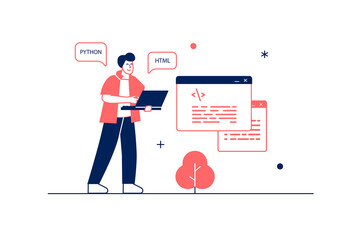 Wall Mural - Software developer concept in flat line design with people scene. Man working as programmists at IT company, creating code, testing and fixing bugs, app optimization. Illustration for web