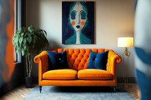 Day Daydaydaydaydaydaydaydaydaydaydaydaydaydaydaydaydaydaydaydaydaydaydaydaydaydaydayday Elegant Living Area In Front View With A Vintage Orange Sofa And Blue And Yellow Seats. A Comfortable Couch In
