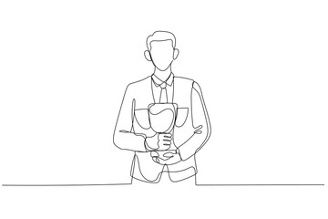 Wall Mural - Illustration of businessman standing with trophy in hand flexing for success. Single continuous line art style