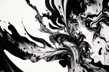 Sticker - Paper textures with black marble ink on a white backdrop. chaotic, organic abstract design. Generative AI