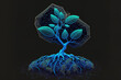 a plant that is abstractly growing in dirt on Earth. design in low poly. geometric backdrop in blue. Light connection structure in wireframe. Stylish graphic design. image that is isolated. Generative