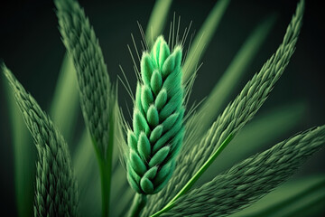 Sticker - Barley and macro wheat. Beautiful green wheat is growing in a field in a rural setting. unripe green cereals. the idea of organic food, healthy eating, and agriculture. little spike let. Generative AI