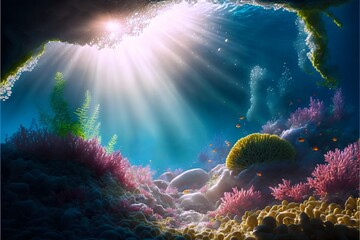 Fototapete - Bright rays of the sun in the thickness of the sea blue water, algae and corals.Ocean colorful background.AI generated.