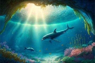 Fototapete - Swimming dolphins at the bottom of the sea with sunbeams.Ocean colorful background with light flare dolphins and small yellow fish.AI generated.