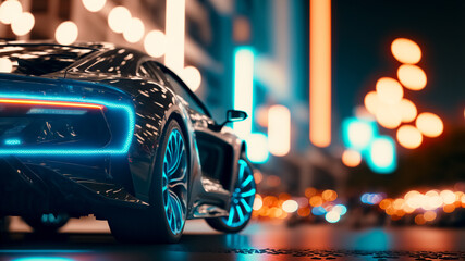 Speeding Sports Car On Neon Highway of the city. Powerful acceleration of a supercar on a night track with colorful lights and trails. Lights of cars with night, long exposure.	